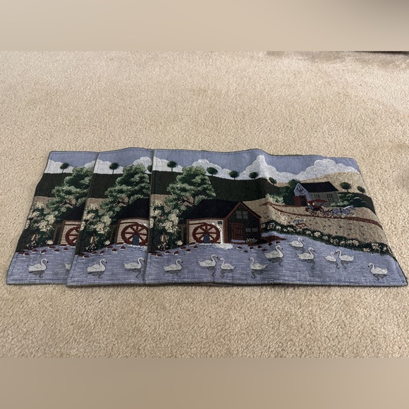 Set of 3 Vintage Tapestry Country Side Placemats Watermill Geese Horse Carriage - Picture 1 of 12